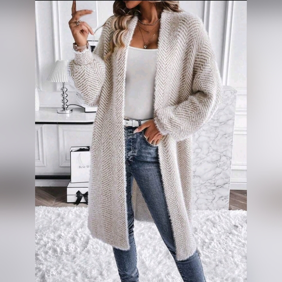 New Chic Fluffy Chevron Knit Cardigan Sweater Duster Off White Tan - Picture 6 of 8